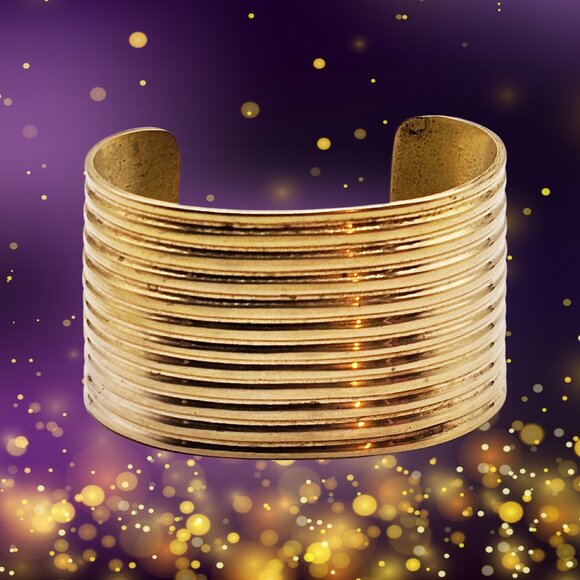 BUY 10mm Wide Linen Nu Gold Tone Brass Cuff Bracelet Wide Ribbed Brass Statement Cuff Bracelet – Heavy Weighted Gold Tone w Patina